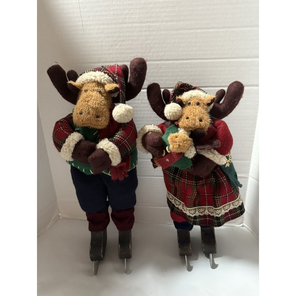 Vintage 2 Chris Moose Christmas Stand Alone Decor Ice Skating Couple Baby Winter